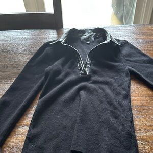 Black Long Sleeve Knit Top with Leather Trim Collar laundry size small new